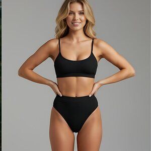 Black Ribbed High Waist Bikini Bathing Suit